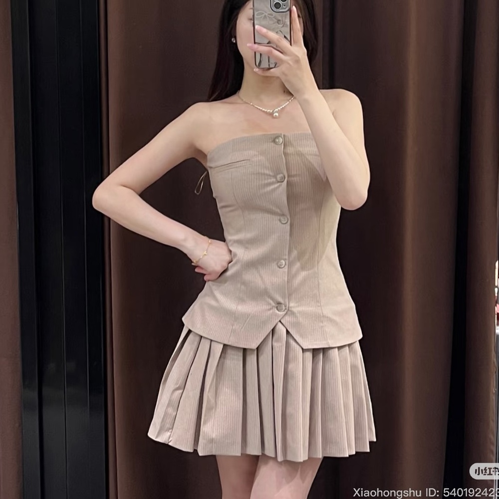 New with Tags Zara Beige Brown Vest Strapless Mini Tennis Skirt Dress Size XS